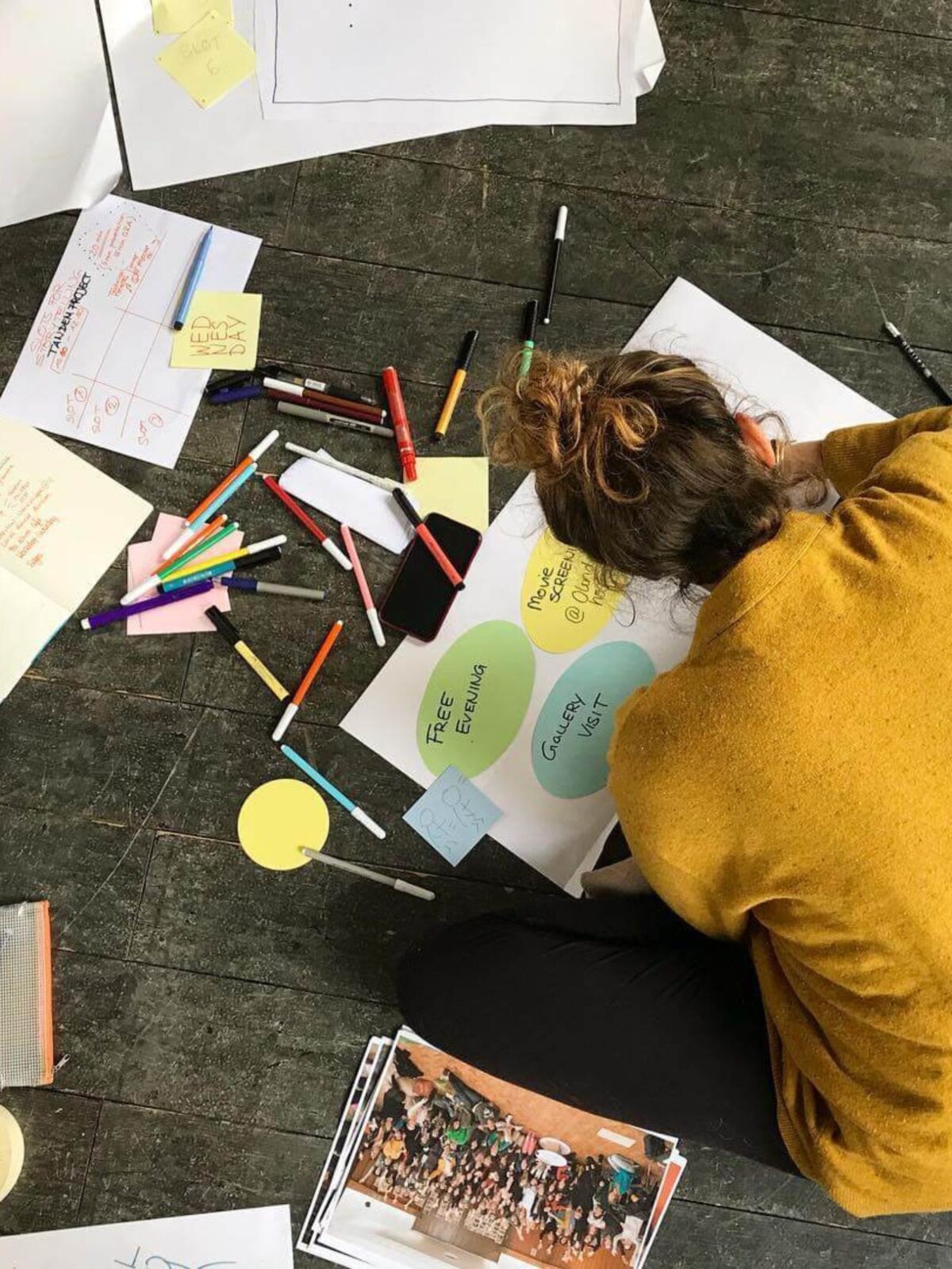 Una ragazza con un maglione giallo di spalle e china a terra scrive su un cartellone bianco pieno di post-it colorati per la restituzione di un lavoro di gruppo, attorniata da pennarelli colorati sparsi sul pavimento e altro materiale di lavoro, come foto e fogli