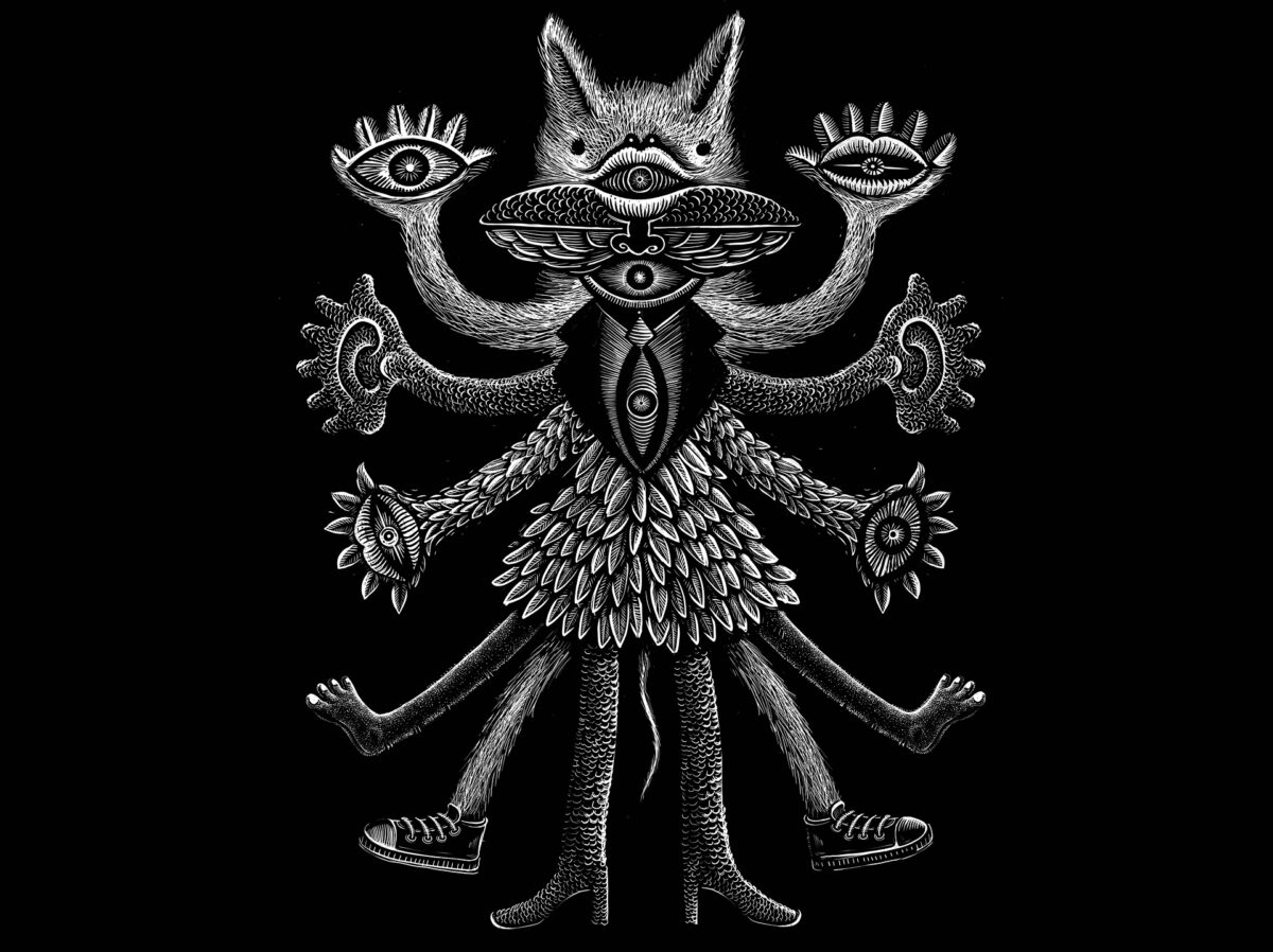 Il totem del festival Da Vicino Nessuno è normale, disegnato con tratti incisi e in bianco e nero, con uno stile visionario e onirico.