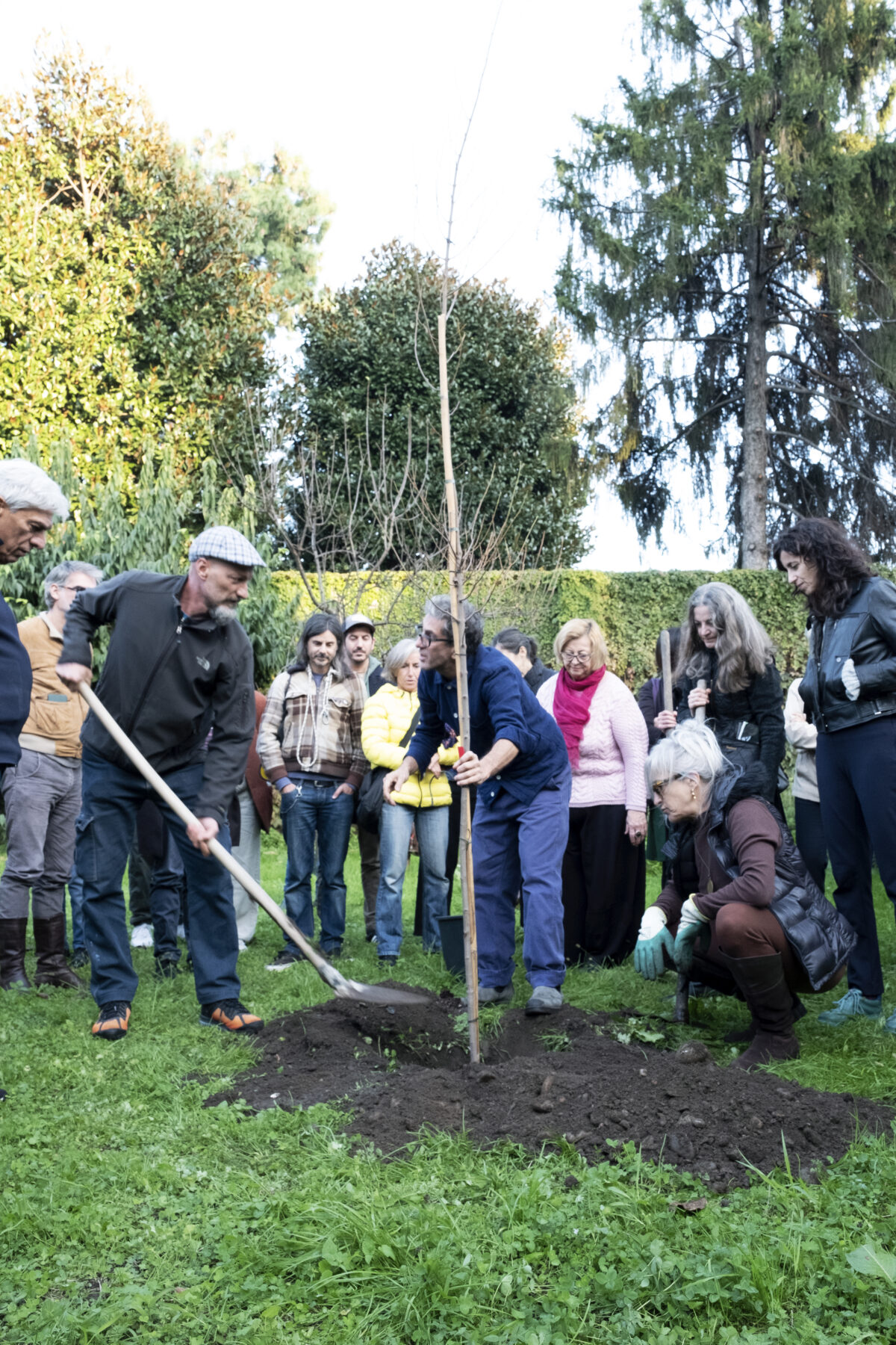 Al centro in un verde giardino il performer, antonio tagliarini, sta piantando un albero, aiutato da uno spettatore che imbraccia la pala e scava. intorno il pubblico a guardare l'azione e il gesto performativo, in un tiepido pomeriggio autunnale