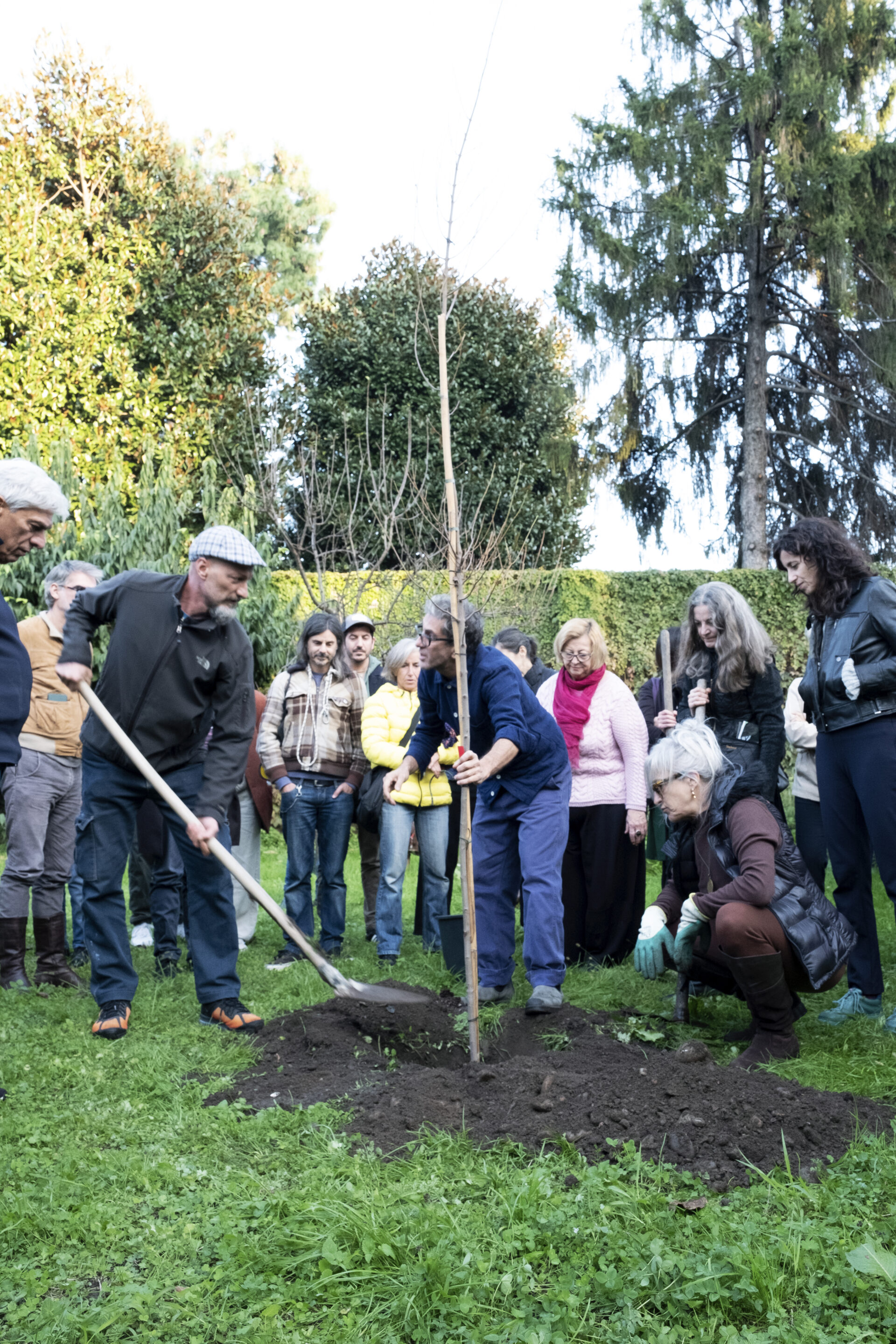 Al centro in un verde giardino il performer, antonio tagliarini, sta piantando un albero, aiutato da uno spettatore che imbraccia la pala e scava. intorno il pubblico a guardare l'azione e il gesto performativo, in un tiepido pomeriggio autunnale
