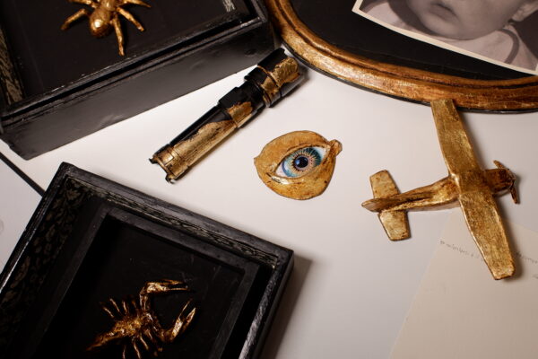 Disposti su un tavolo, un aeroplano, un cannocchiale e la riproduzione di un occhio, tutti e 3 dorati, agli estremi dei quadri che contengono delle riproduzioni di scorpioni, e in alto si intravede in una cornice la foto in bianco e nero di un bimbo piccolo