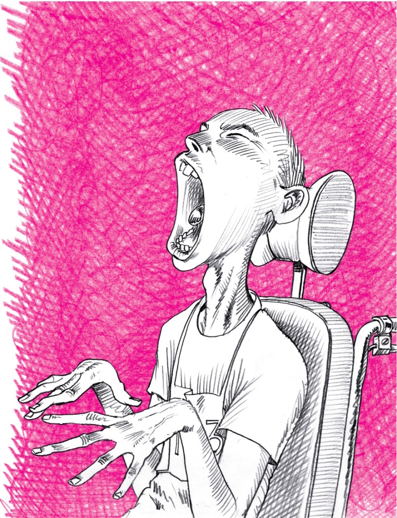 Disegno di un ragazzo in carrozzina, bianco su sfondo rosa, che cerca di articolare le parole
